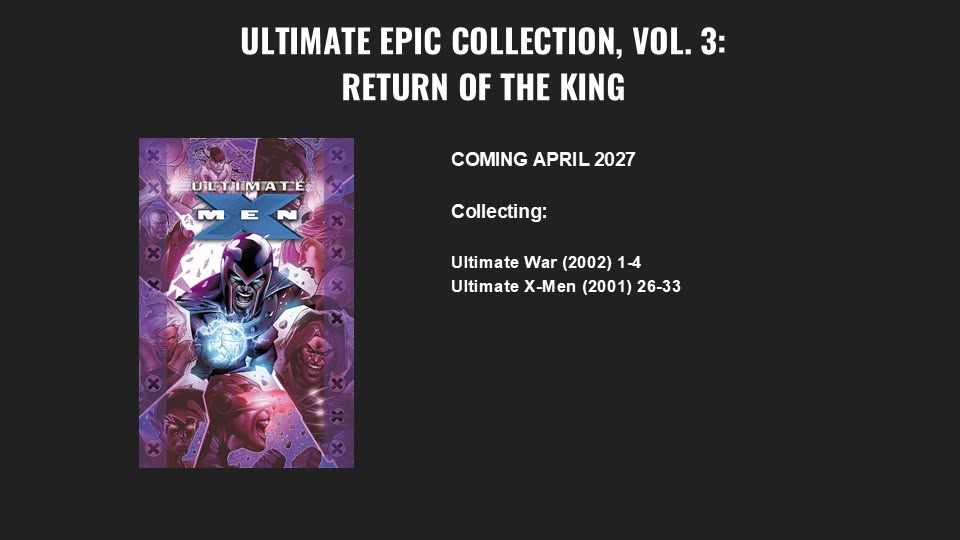epicmarvelpod's tweet photo. NEW EPIC COLLECTION ANNOUNCEMENTS for APRIL 2027!
#ultimatexmen #youngavengers #milesmorales #spiderman #deadpool https://t.co/aCdJkwOU5x