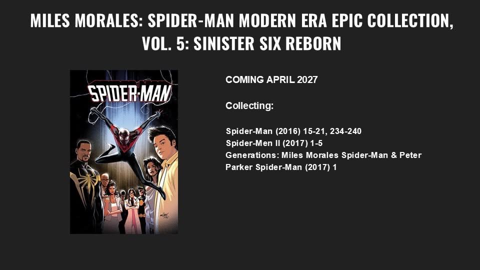 epicmarvelpod's tweet photo. NEW EPIC COLLECTION ANNOUNCEMENTS for APRIL 2027!
#ultimatexmen #youngavengers #milesmorales #spiderman #deadpool https://t.co/aCdJkwOU5x