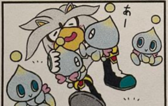 PrettyFluffyBoy's tweet photo. Silver stops in the middle of issuing a threat, because some Chao came up and want to climb on him and cuddle with him. Silver plops onto the ground and indulges them while they play in his fluff and lie against his quills. https://t.co/zf7u5YfhPt