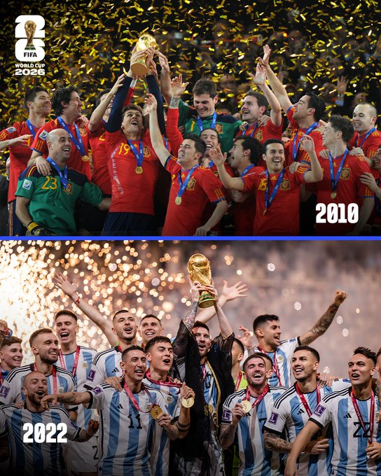 إسبانيا 2010. الأرجنتين 2022. المنتخبان تُوّجا بكأس العالم في آخر ظهور لهما في النهائي.. من سيتوج باللقب؟ كأس العالم مع أوليه كاس العالم إسبانيا الأرجنتين كأس العالم المصدر: FIFA 