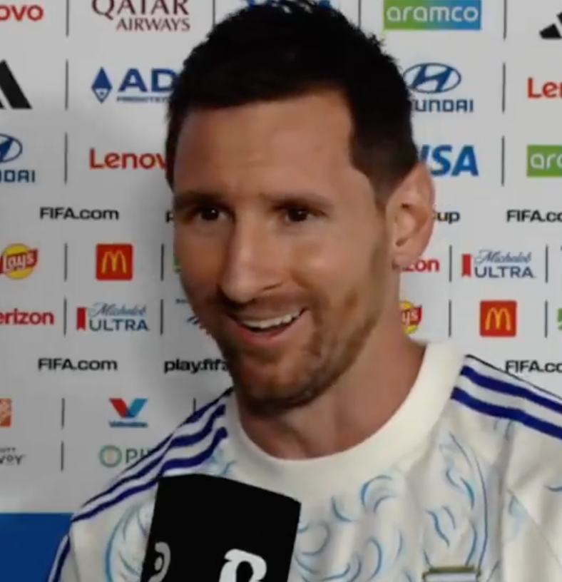 TouchlineX's tweet photo. Reporter: "After the match agains Egypt, you told us: "God had a plan for me." Do you think he has another plan for you?

🚨🗣️ Leo Messi: "I don't know, honestly, after everything we've been through, we can't ask for more than that."

"Just playing another final is an amazing thing. God is great, and he always has something else, but honestly, I can no longer ask God for more." 

"I am grateful for everything God has given me, whether in my sports career or in my personal life."

"And as I always say, as for the rest... It will be God's will. God knows."