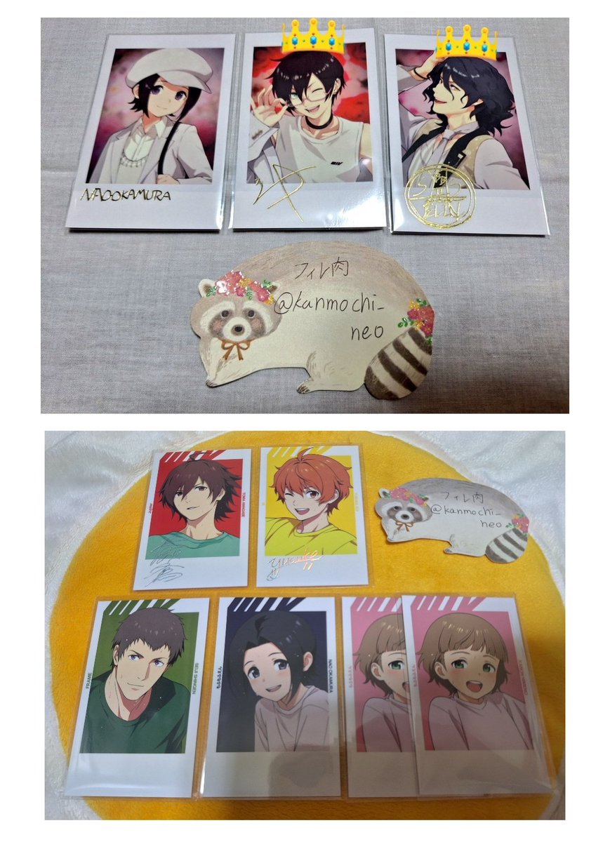 kanmochi_neo's tweet photo. 【交換 譲渡】SideM FiFS展 インスタントフォト風カード フォトカ

譲:画像参照

求:(箔)表情…百々人 雨彦
(箔)白＞黒…秀 鋭心 全て各1
各300円(＋送料)

表情箔は同種交換のみ(譲渡不可)
👑箔は1枚につきN🔸から3枚、無印箔は2枚、👑Nは同数お迎えください。
交換は1点から、譲渡は纏めて希望。
→ https://t.co/hdATSLPzAS