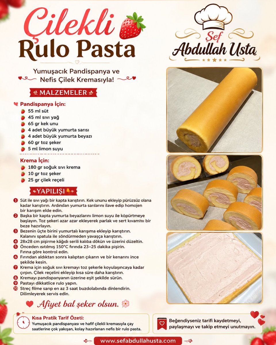 sefabdullahusta's tweet photo. 🍓 Çilekli Rulo Pasta Tarifi | Yumuşacık Pandispanya ve Nefis Çilek Kreması | Şef Abdullah Ust
https://t.co/dlOOnrUYxu�
#çileklirulopasta #rulopasta #çileklipasta #pastatarifi #pandispanya #pratiktarifler #mutfak #dessert #strawberrycake #cake #homemadecake #sweet #fyp #keşfet https://t.co/TVVV0PxWQA