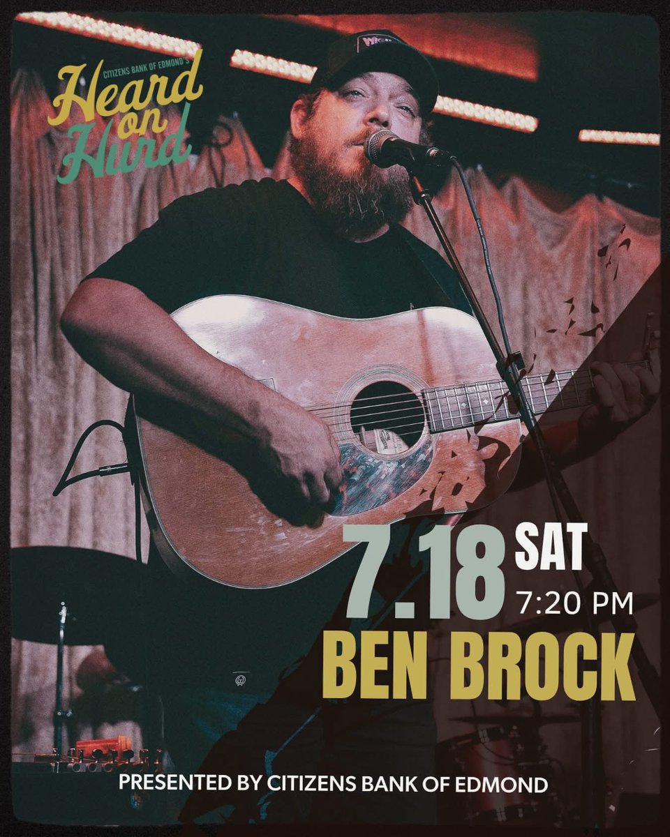 heardonhurd's tweet photo. 🎸 Our next artist announcement is Ben Brock!

Join us at 7:20 PM this Saturday as Oklahoma singer-songwriter Ben Brock takes the Heard on Hurd stage.

Known for his authentic folk and Americana sound, Ben has spent more than 20 years performing across Oklahoma and beyond. Whether he’s sharing original songs or putting his own spin on familiar favorites, his warm vocals and seasoned musicianship create a performance that draws you in.

Grab dinner from one of our local vendors, find a spot near the stage, and enjoy an evening of incredible live music in downtown Edmond. 🎶

#downtownedmond #visitedmond #edmondok #citizensbankofedmond #okclivemusic