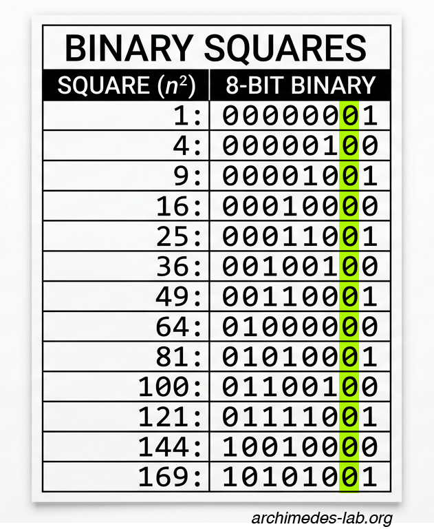 gsarcone's tweet photo. Binary Squares
Here's a curious pattern: in binary, every perfect square has a 0 as its second digit from the right. Why?

#MathPuzzle #Binary #NumberTheory #Mathematics #MathFacts #STEM #RecreationalMath #Puzzle #BrainTeaser #Logic #PatternRecognition #DidYouKnow #MathChallenge https://t.co/DOfClLYSxb