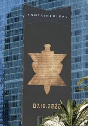 Johnjohnsarmy17's tweet photo. All over Vegas 

The mysterious symbol at the Fontainebleau Las Vegas and other Vegas venues features a gold emblem (a sword intertwined with the Roman numeral X) and the date "07.16.2026." The teaser has sparked citywide speculation of a sports rebrand or a major entertainment event.