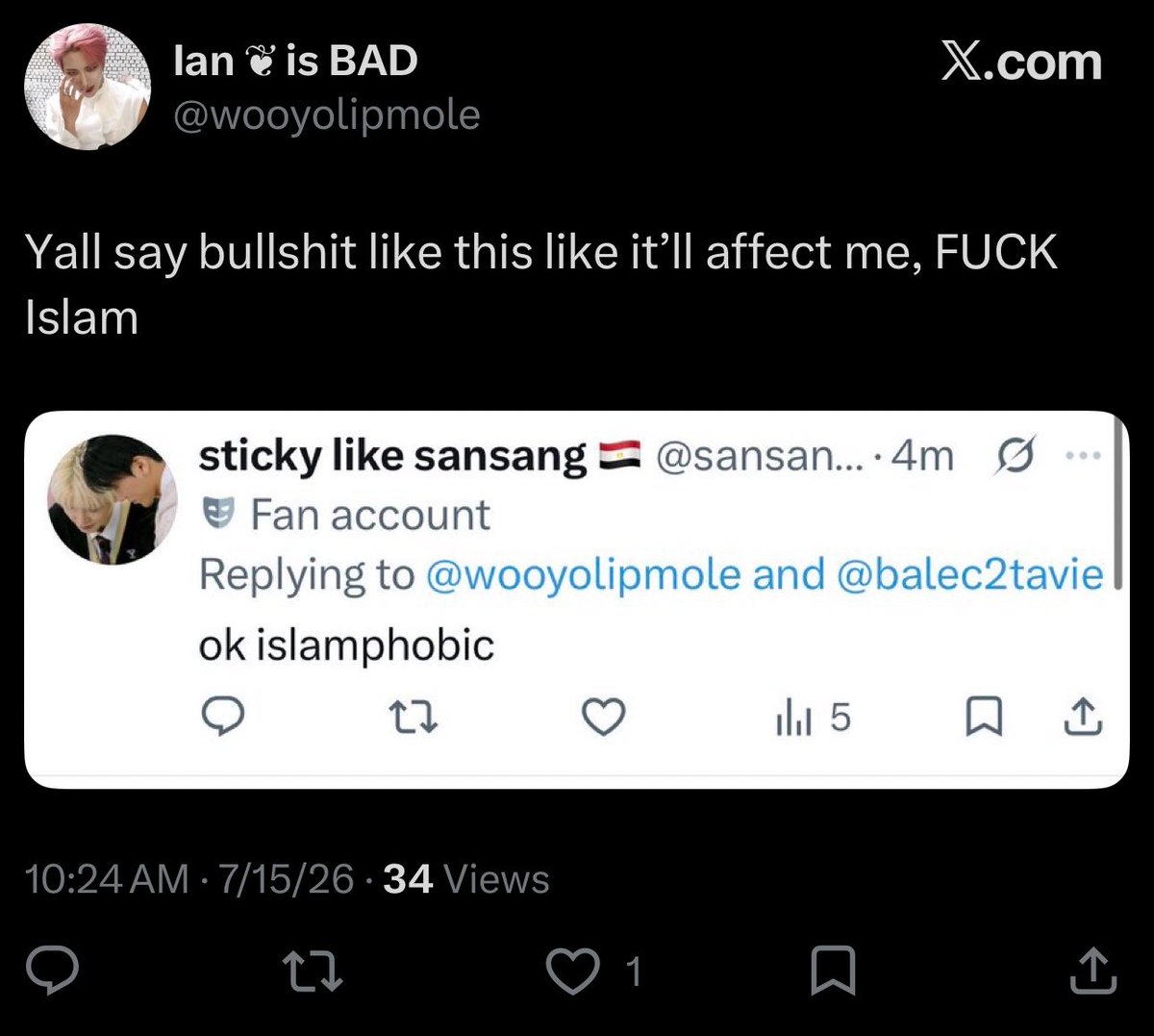 eggyams's tweet photo. Hey so please make sure you’re not following this person! They’re saying this despite having Muslim moots themselves https://t.co/IREuNGgZNs