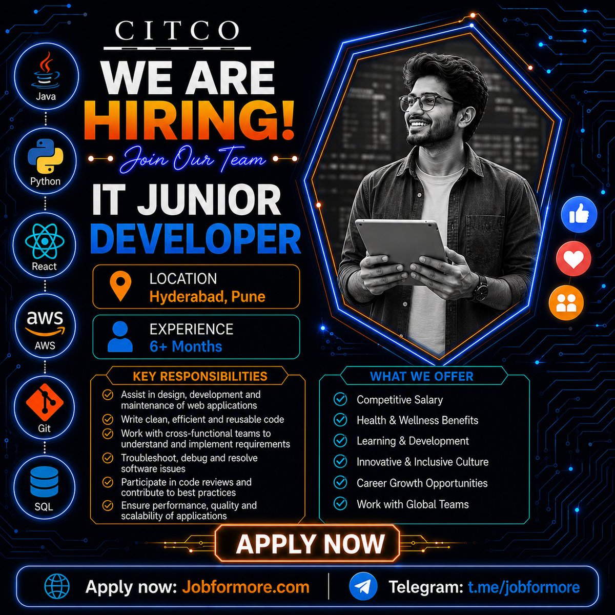 jobformore's tweet photo. 🚀 IT Junior Developer @ Citco
📍 Hyderabad, Pune | 6+ months
🎓 BE/BTech, ME/MTech, MCA
💻 Java, Python, React, AWS, Git, SQL
#Jobformore #Citco #JuniorDeveloper #ITJobs #FreshersJobs
Apply: https://t.co/XwdHlXUgbU https://t.co/4TnqsUMIwE