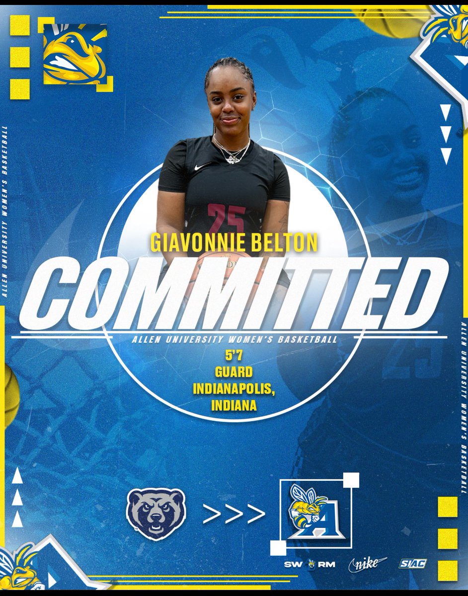 AllenUWBB's tweet photo. Another Yellow Jacket has landed! 🐝 We’re excited to welcome Giavonnie Belton from Indianapolis, Indiana to Allen University Women’s Basketball. Looking forward to what you’ll bring to the Hive! 💙💛 #AllenWBB #WelcomeToTheHive #SIAC https://t.co/1HrZnnSP83
