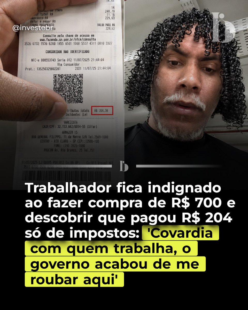 investebr's tweet photo. Um trabalhador se revoltou ao ver R$ 204,34 em impostos na nota do supermercado, chamando de "covardia". A situação reflete a indignação de brasileiros com a alta carga tributária e preços elevados, questionando a "justiça social" diante do custo da máquina. https://t.co/CmnnYhf8e6
