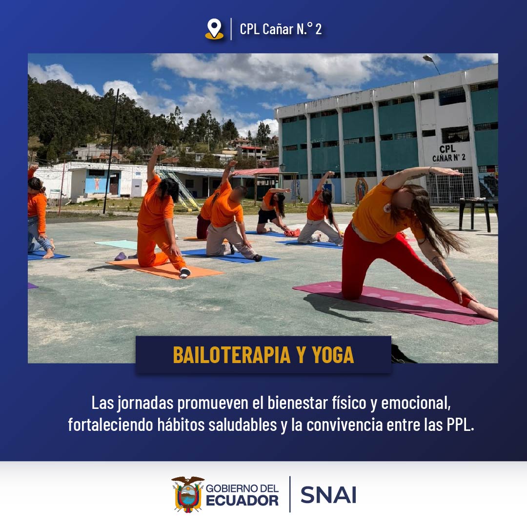 SNAI_Ec's tweet photo. En el CPL Cañar N. 2, las PPL participan en jornadas de bailoterapia y yoga como parte del Eje Deportivo, estas disciplinas canalizan la energía, fomentan la autorregulación emocional, el compañerismo y la salud integral.
#Azogues #RehabilitaciónSocial https://t.co/9dQIzcBMg0