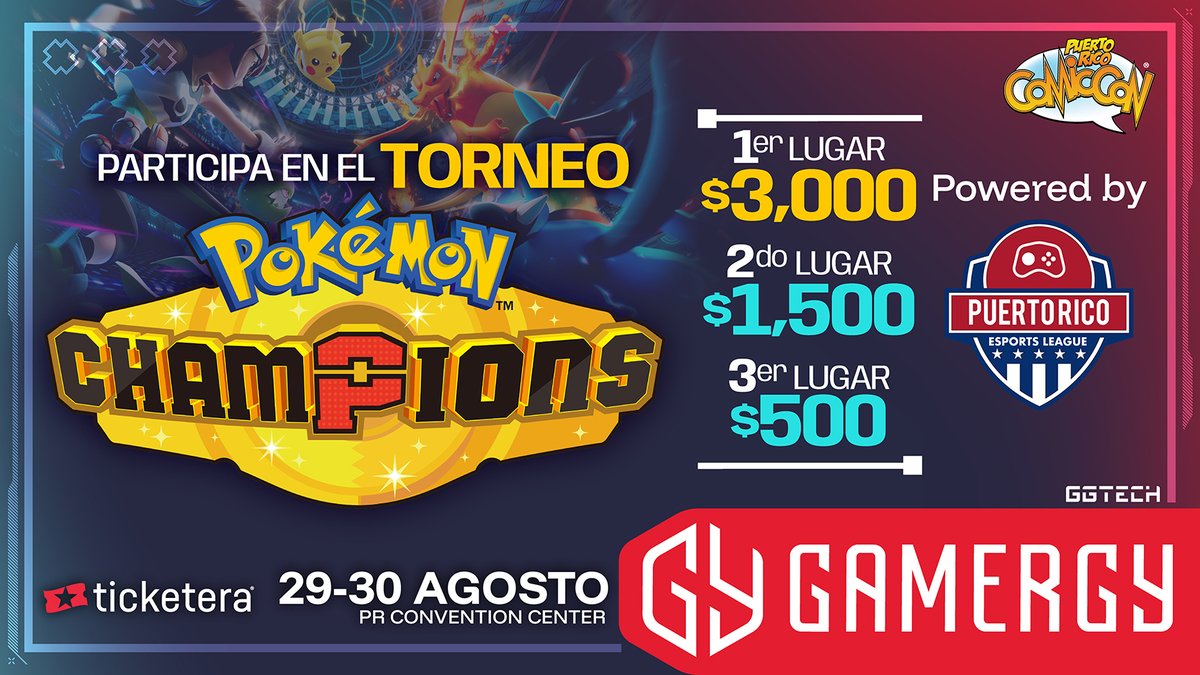 PRCOMICCON's tweet photo. ¿Eres el que siempre gana en las batallas con tus panas? ¿El que arma el equipo perfecto y no pierde ni por accidente? ¡Demuéstralo en el Torneo Pokémon Champions de GAMERGYPR! 🎮⚡

🏆 Premios garantizados:
🥇 1er lugar: $3,000
🥈 2do lugar: $1,500
🥉 3er lugar: $500

🎮 Regístrate aquí: https://t.co/9JTAmUQPHS
✅ Registro incluido con tu boleto del evento. ¡Cero inscripción adicional!
⚡ Powered by Puerto Rico eSports League

📅 29 y 30 de agosto
📍 Centro de Convenciones de Puerto Rico
🎟️ Boletos de entrada exclusivamente en Ticketera: https://t.co/zv13QEW9Mq ¡Cantidades limitadas!

GAMERGYPR es mucho más que gaming: es donde se define quién es el mejor, es donde los entrenadores se ganan el respeto, es donde tú le demuestras a todo Puerto Rico de qué estás hecho.

¡Dale al Start, Geekrican! 🆙

Conoce más sobre GAMERGYPR aquí:
🎥 https://t.co/90h9WU1mI8
ℹ️ https://t.co/pZeijaedsf

#GAMERGYPR #PRComicCon #Geekrican #PokemonChampions #Pokemon #Gaming #PuertoRico #Convention #Torneo