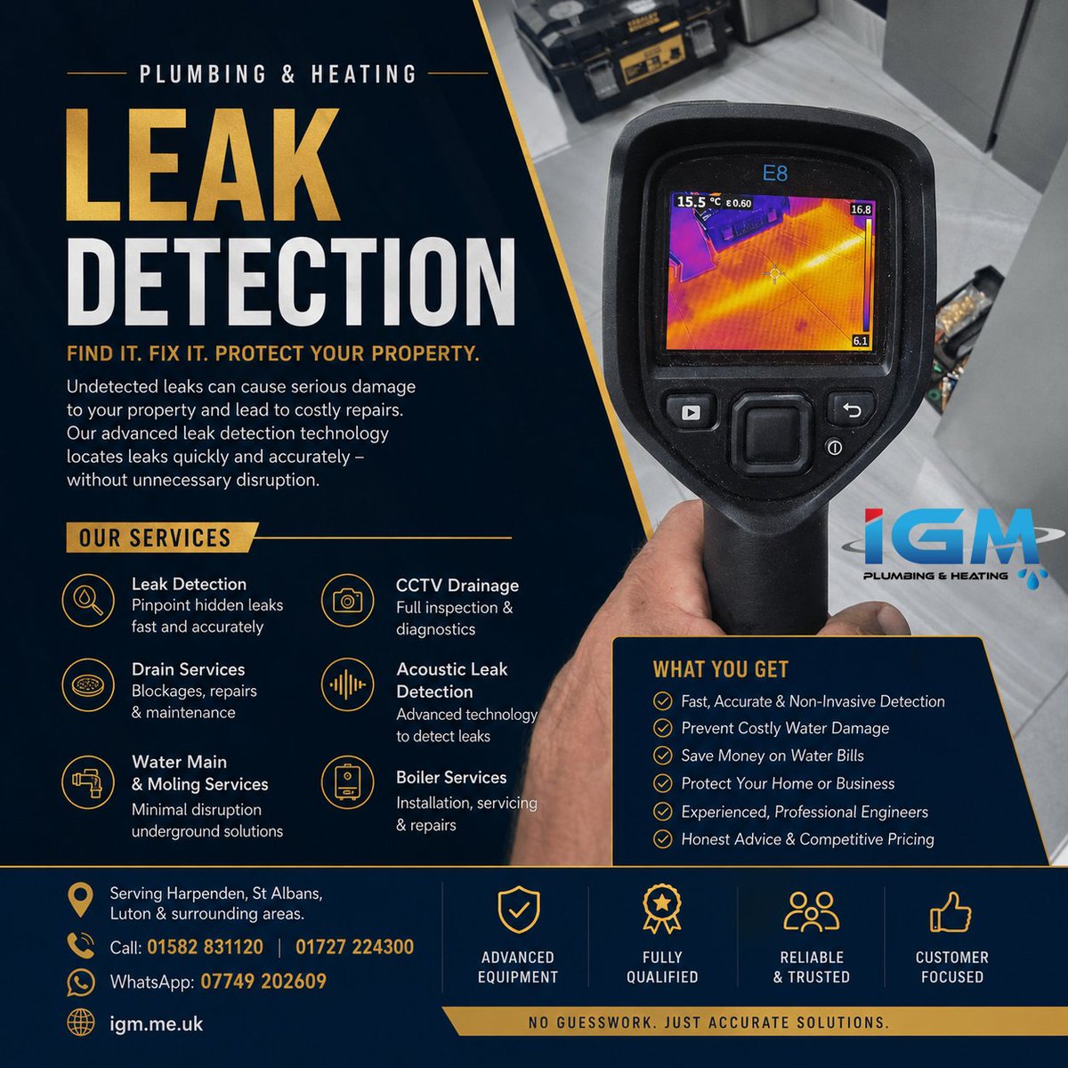 IGMPlumbing's tweet photo. Hidden water leak? No need to rip up your floors.
Our thermal imaging technology pinpoints leaks quickly and accurately with minimal disruption, saving you time, money, and unnecessary damage.

📍 Harpenden, St Albans, Luton
📞 01582 831120
🌐 https://t.co/bDrylCpWE3 https://t.co/O0xm5XyC9G