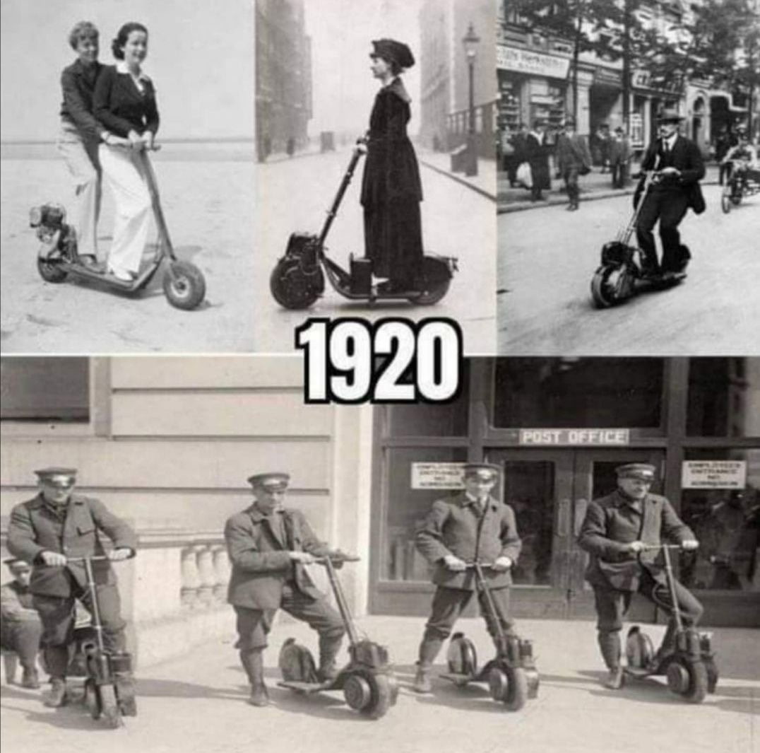TheDoctorRegen's tweet photo. The Autoped, which came out in 1915, could reach speeds of 20+ mph. Its handlebar would fold down, making storage and transport a breeze. https://t.co/T4WD3KUqEd