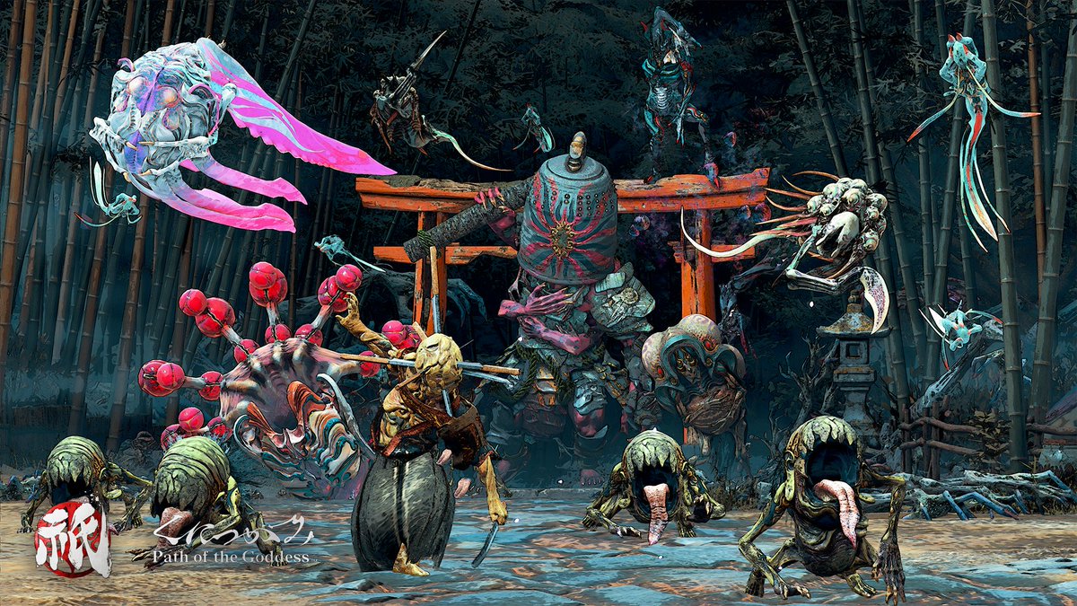 Kunitsu_Gami's tweet photo. #2 - Making the Seethe Slightly Scarier Than Yokai

The initial concepts evolved from early sins to local folklore and legends of mountain communities. 

Core concepts:
Spiritual withering (via sin/corruption)
Emaciated appearance (symbolizing thirst/deprivation)
Retaining traces of humanity
Beauty/ugliness (in color schemes/shapes)
Possessing ears and mouths, but no eyes
Manifestations born from human wrongdoing

Individual Seethes are a mix of original creations and expansions on traditional folklore. Their names were chosen to resemble familiar yokai names.