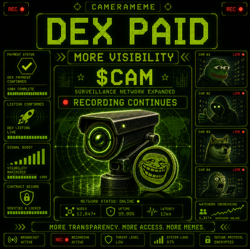 CAMERAMEME_sol's tweet photo. NEW SIGNAL CONFIRMED. 🟢

DEX is paid — $CAM data is now connecting to the wider surveillance network.

CA: CAMyTP53yapXHc9JRYiMKh9fGxNn7uQG2EoFsG5DoPYv

More visibility. More cameras.
 The recording continues. 📹
#CAMERAMEME #CAM #DEXPaid #CCTV #Memecoin #CryptoMeme