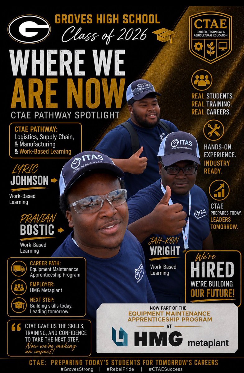 GinaSmi31304522's tweet photo. Success isn't just talked about at Groves High School Industrial Academy—it's built every day.

Congratulations to **Pravian Bostic, Lyric Johnson, and Jah-Kon Wright** on taking the next step toward their futures! Your dedication, perseverance, and commitment to excellence.
@ https://t.co/SnHEjwaOs0
