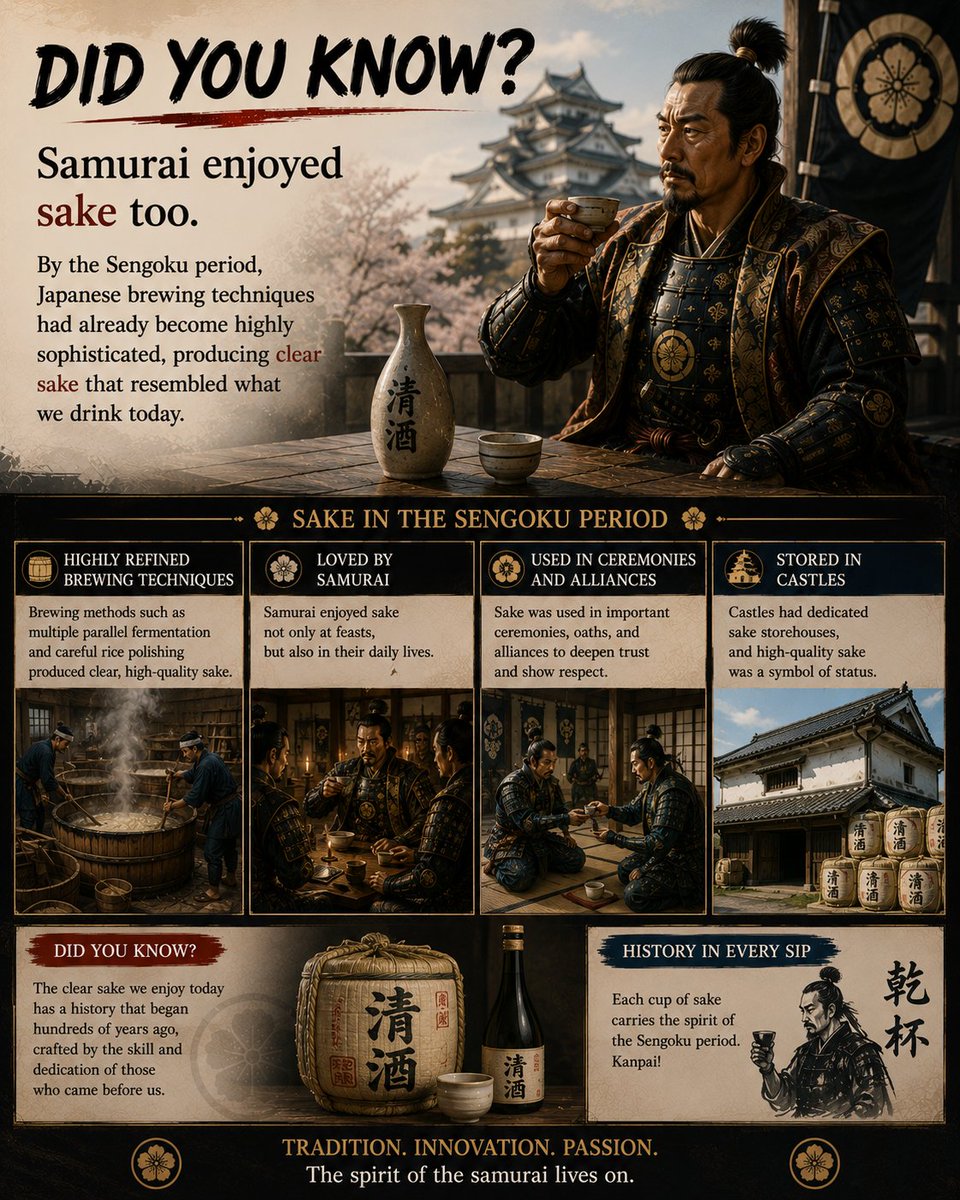 SamuraiFortune's tweet photo. Did you know?

Samurai enjoyed sake too.

By the Sengoku period, Japanese brewing techniques had already become highly sophisticated, producing clear sake that resembled what we drink today.

#Samurai #Japan #History https://t.co/8h1Q0VeIdN