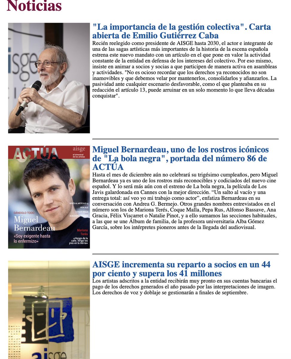 aisge's tweet photo. Los jueves no serían igual sin nuestro #SemanalActúa, el boletín que resume todo lo que estamos haciendo en #AISGE y la #FundaciónAISGE. Y este viene intenso: nuevo número de la #RevistaACTÚA, carta abierta de #EmilioGutiérrezCaba tras ser reelegido...😍

https://t.co/cAAcU73BjD https://t.co/ZQaPLTE9Wp