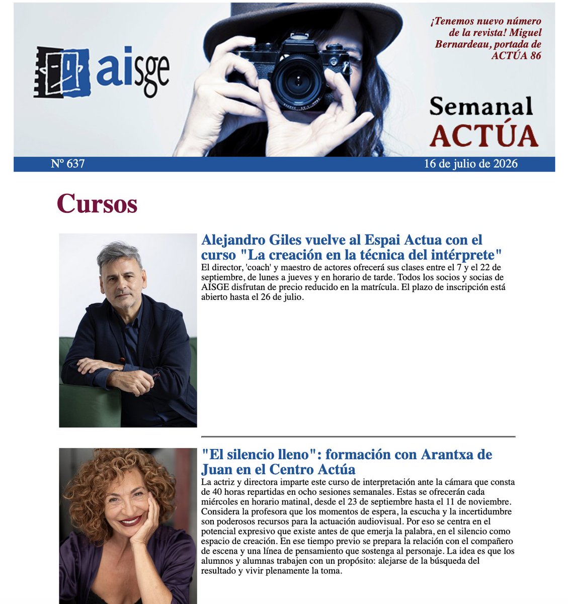 aisge's tweet photo. Los jueves no serían igual sin nuestro #SemanalActúa, el boletín que resume todo lo que estamos haciendo en #AISGE y la #FundaciónAISGE. Y este viene intenso: nuevo número de la #RevistaACTÚA, carta abierta de #EmilioGutiérrezCaba tras ser reelegido...😍

https://t.co/cAAcU73BjD https://t.co/ZQaPLTE9Wp