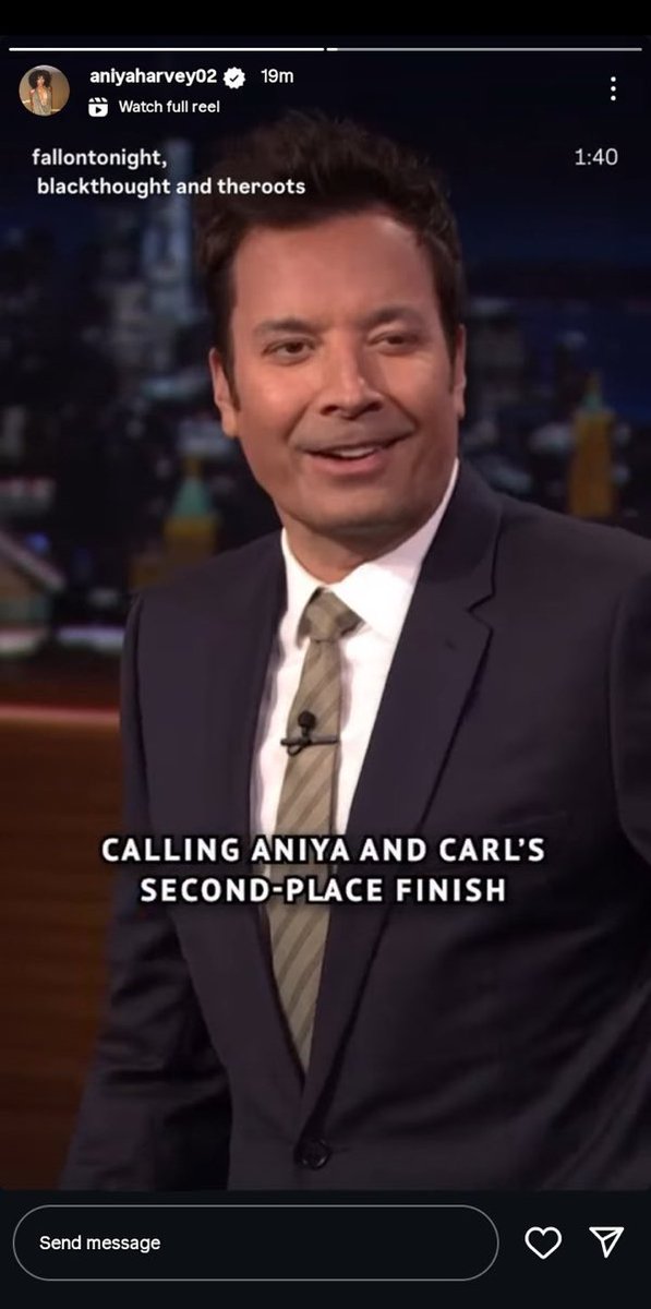 aniyasource's tweet photo. 🚨| Aniya noticed! She reposted the Jimmy Fallon segment mentioning her and Carl to her Instagram Story. 
#Aniya https://t.co/JySIefKu83