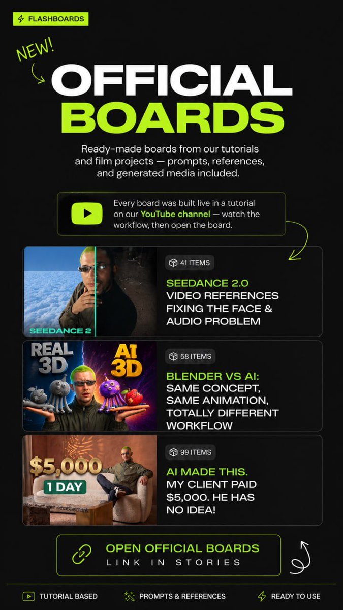 FlashBoardsAI's tweet photo. Official Boards are live.
Open ready-to-use boards from our tutorials with prompts, references, and source files included.
Start exploring: https://t.co/0iUlIZwuF8 https://t.co/Clxm9orf7f