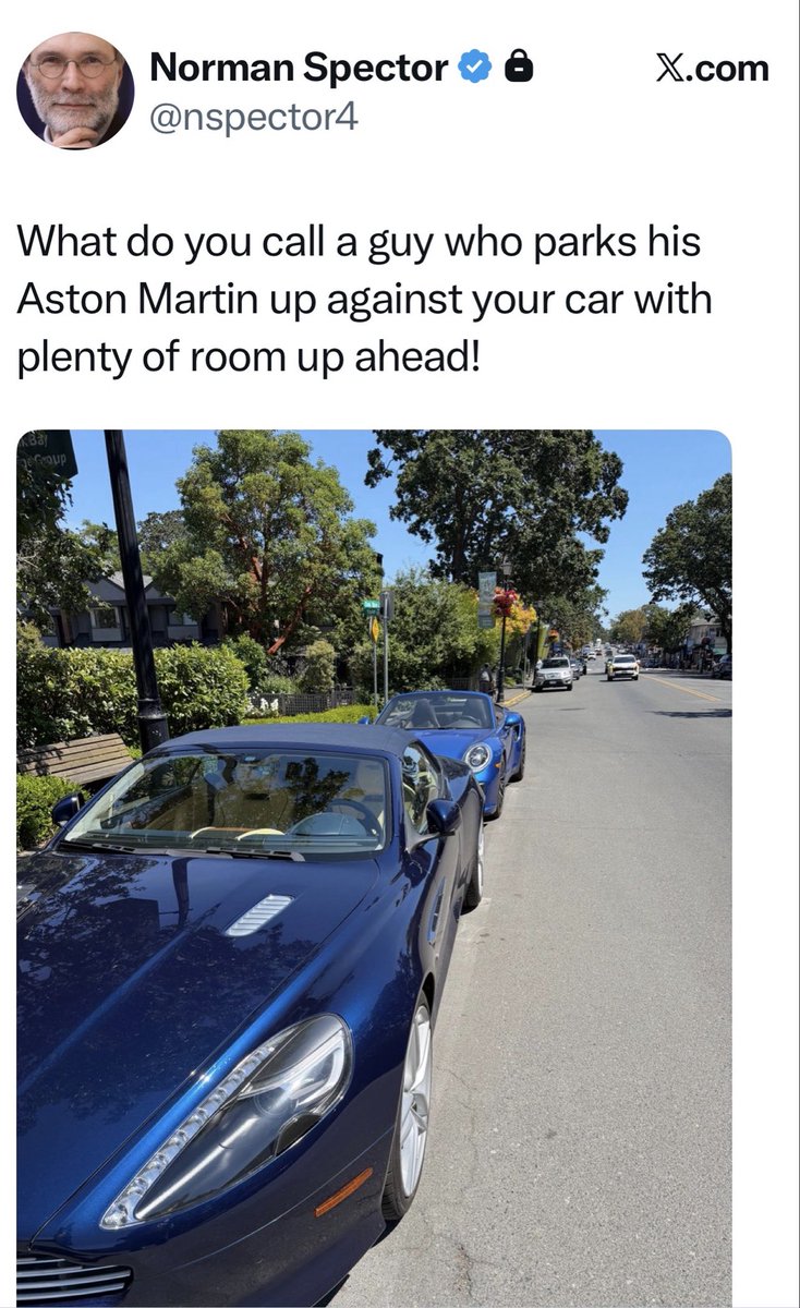 Islandguy333's tweet photo. “What do you call a guy who parks his Aston Martin up against your car with plenty of room up ahead!”
Reply to @nspector4 

#TurboS https://t.co/Fx7kuatA1d