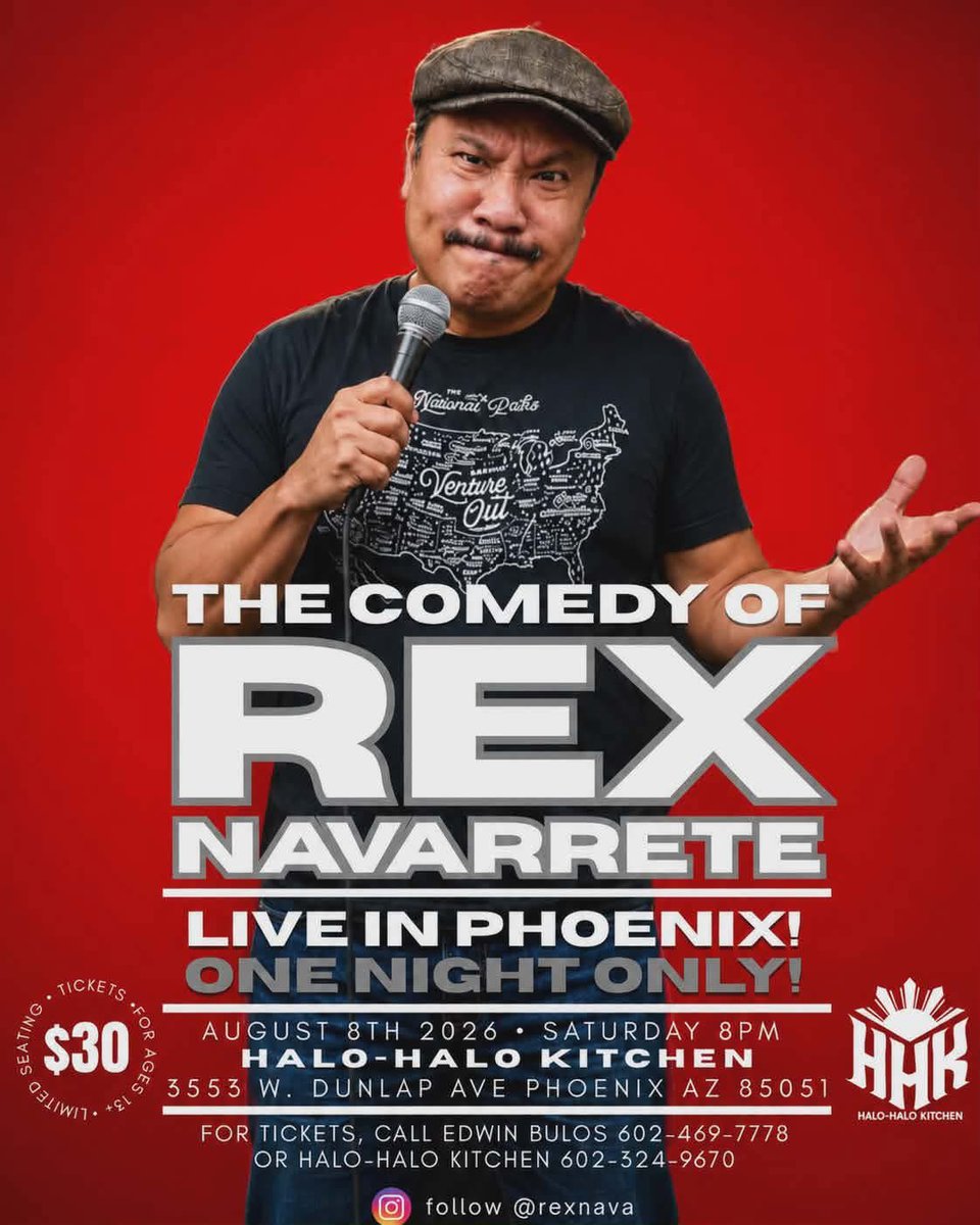 rexnavarrete's tweet photo. PHOENIX AZ…This August 8th at Halo-Halo Kitchen, mark them calendars and get your tickets by calling now! Very limited seating so act fast. https://t.co/wKa6j65tGI