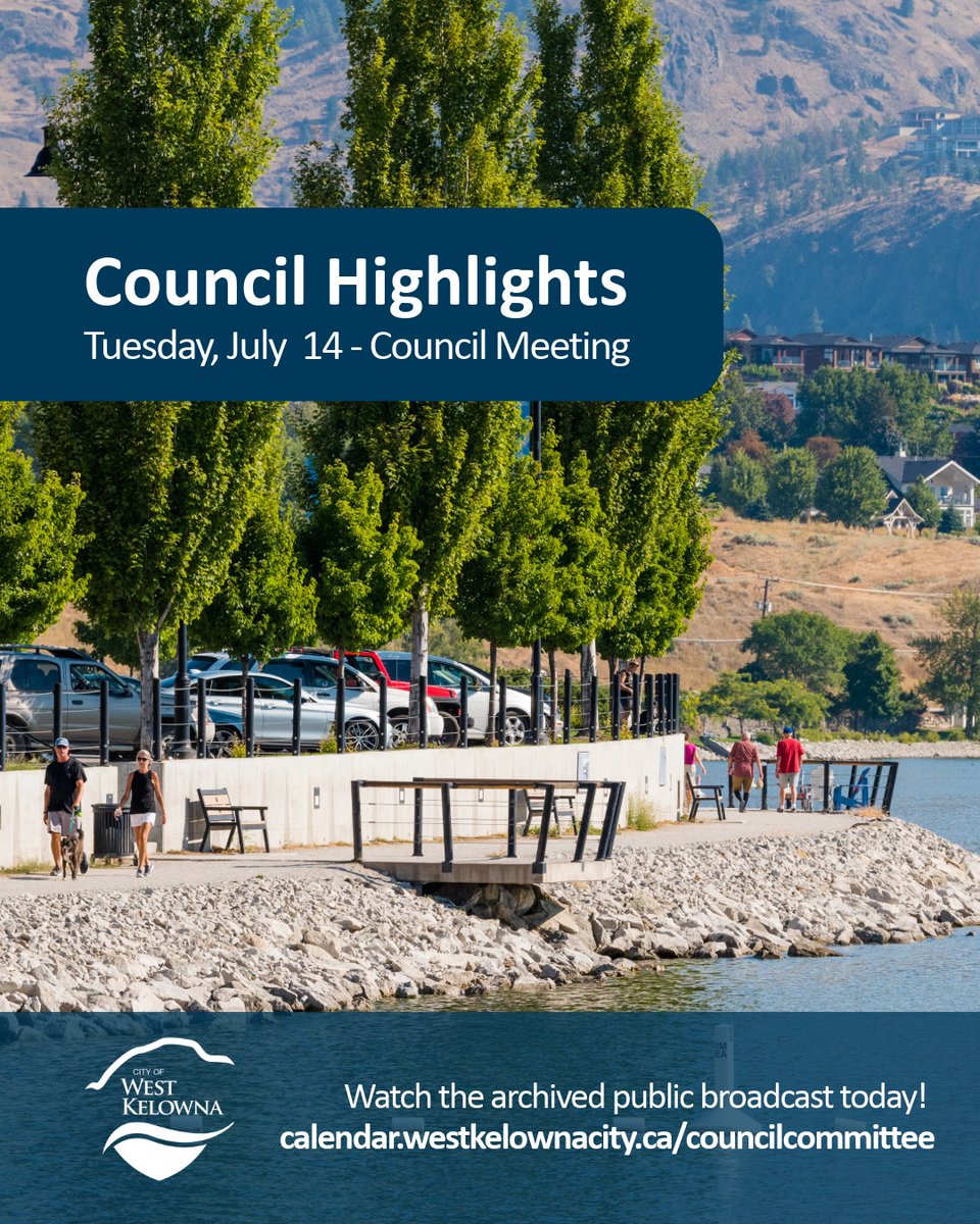 WestKelownaCity's tweet photo. Stay informed about what’s happening in your community. Highlights from Council’s July 14 council meeting are now available at https://t.co/02t3Pu7bAP.

📰 View the reports
📽️ Watch the webcast
📊 Check out the presentations https://t.co/xhcSWjYxUZ