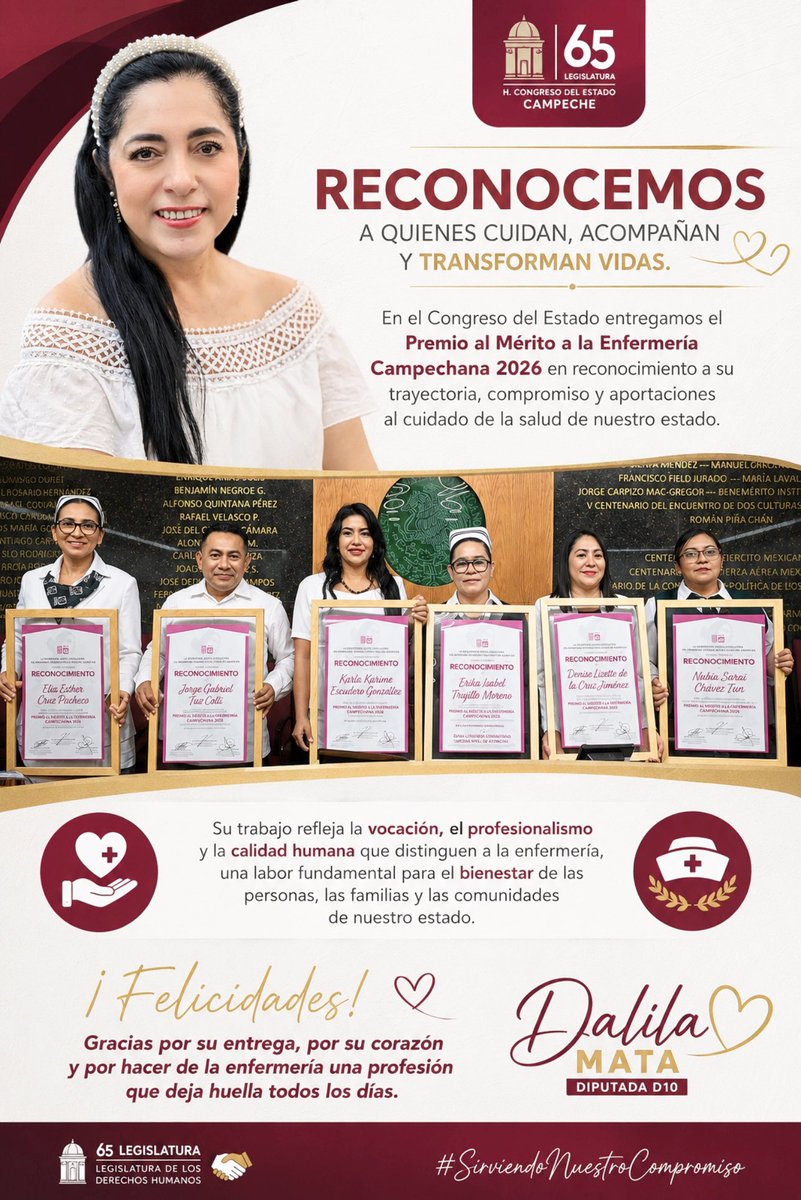 Dalyla71's tweet photo. 📍 Hoy, en el Congreso del Estado, rendimos un merecido reconocimiento a mujeres y hombres que hacen de la enfermería una profesión de servicio, entrega y humanidad. Mi reconocimiento y felicitación a las y los galardonados con el Premio al Mérito a la Enfermería Campechana 2026 https://t.co/pJv1Cc7FBc