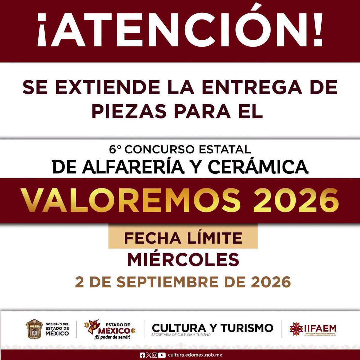 iifaem's tweet photo. Maestra y maestro artesano mexiquense, se extiende la prórroga para participar en el 6.º Concurso Estatal de Alfarería y Cerámica "Valoremos 2026".
Miércoles 2  de septiembre de 2026 

Consulta las bases:  https://t.co/3q04ODK0YW

#ElPoderDeServir https://t.co/xrovl1sAoS