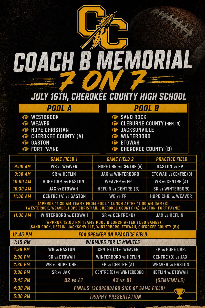 blanchard1121's tweet photo. Coach B Memorial 7 v 7 Schedule โซ๏ธ๐ก๐
Spectator Information:
No admission fee ๐ฐ๐ซ
Nettโs Kitchen Food Truck ๐๐
Decks and Docks Coffee Truck โ๏ธ
Golf Cart Raffle Tickets Available ๐๏ธ
Bring Lawn Chairs for games on Band Field โผ๏ธ
Go Warriors! #Compete #BeLegendary https://t.co/l7XALql0nN