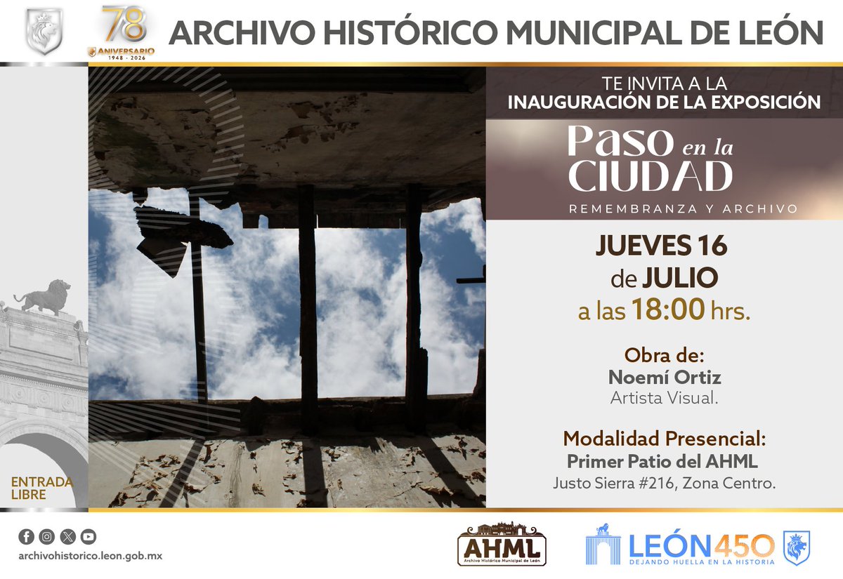 ahmleon's tweet photo. 📸 La memoria de León también se conserva en sus calles, edificios y rincones históricos.
Te invitamos a la inauguración de la exposición "Paso en la Ciudad: Remembranza y Archivo", de la artista visual Noemí Ortiz.
🗓️ 16 de julio | 🕕 18:00 h
📍 AHML
🎟️ Entrada libre
#AHML78 https://t.co/I9anozosx2