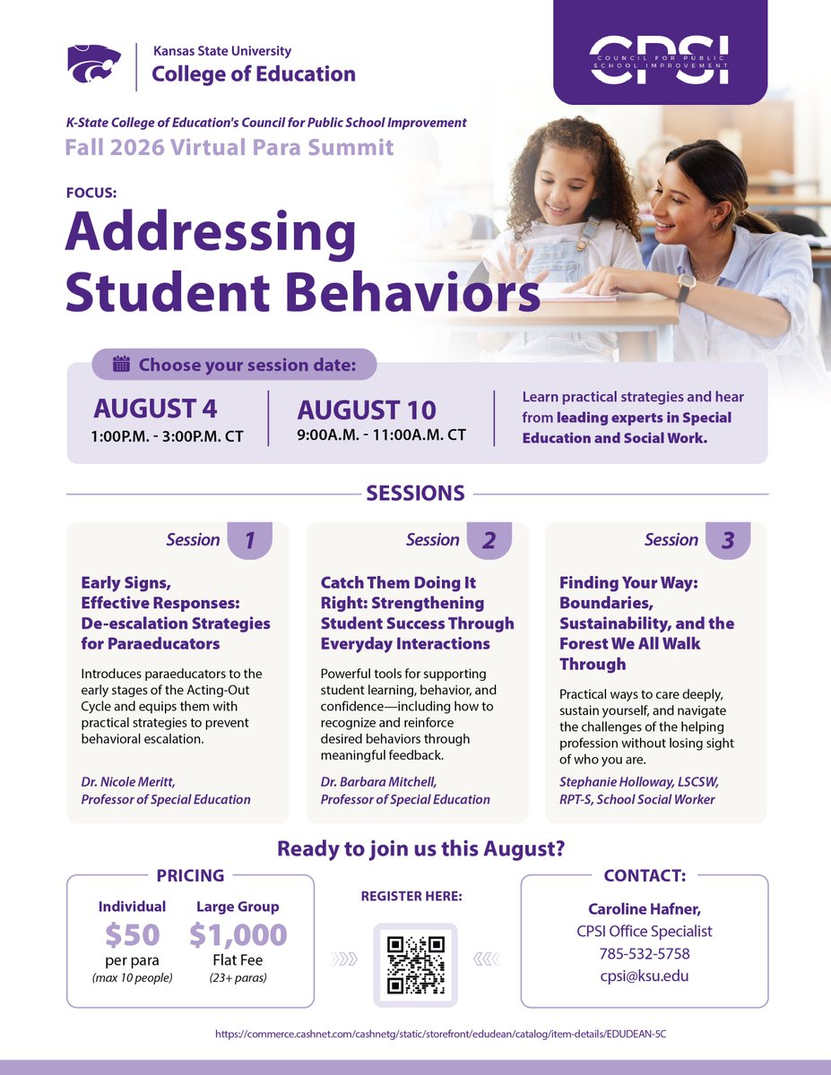 KSUCollegeofEd's tweet photo. Supporting students starts with supporting the educators who work alongside them every day. 💜
🎟️ Register today using the QR code or https://t.co/14S0jdVxLA
#KStateEducation #ParaSummit #SpecialEducation #Paraprofessionals #StudentSuccess #EducationProfessionals https://t.co/OjdwG21niH