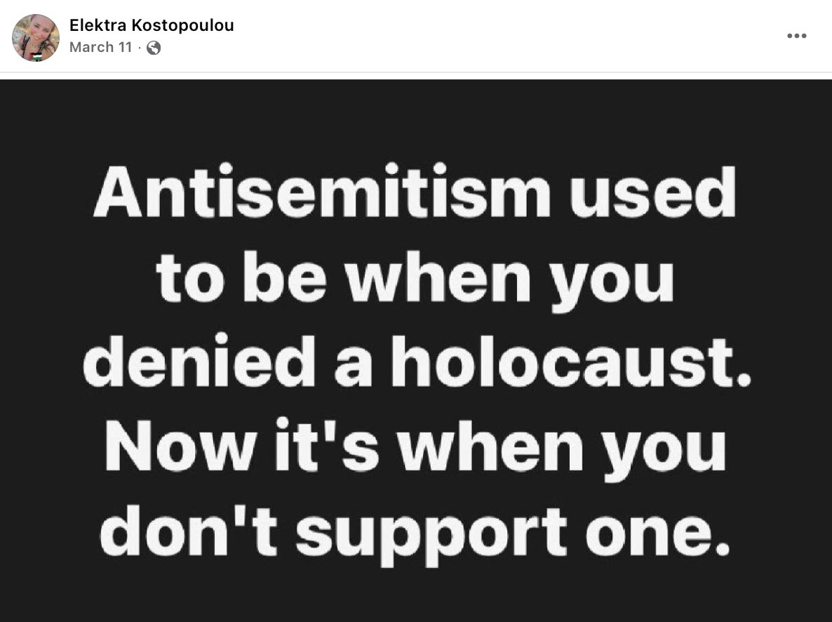 StopAntisemites's tweet photo. Meet Elektra Kostopoulou, an educator at @RutgersU and New Jersey Institute of Technology (@NJIT).

Elektra isn't just another anonymous extremist online. She's entrusted with helping shape young minds. 

Her social media shows her defending Graham Platner's Nazi tattoo, minimizing rape allegations as a "bad date," dismissing concerns about antisemitism, claiming "Israel has no right to exist," spreading antisemitic conspiracy theories, and demonizing the world's sole Jewish state.

This isn't spirited political debate. 
It's a sustained pattern of rhetoric that normalizes hatred, conspiracy theories, and the dehumanization of Jews.