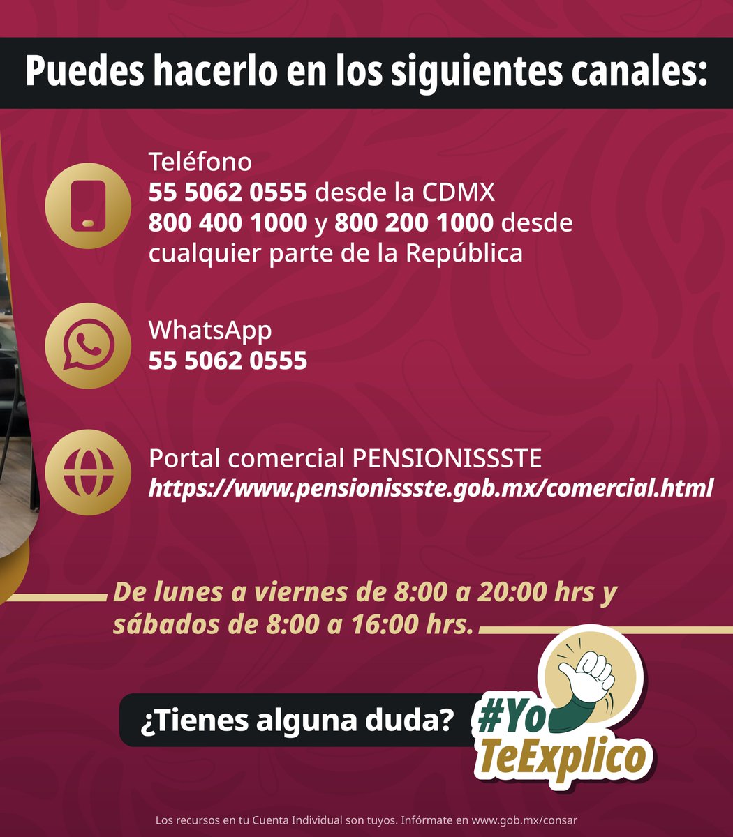 PENSIONISSSTE_'s tweet photo. Tu tiempo vale. ⏰

En AFORE @PENSIONISSSTE_  queremos que realices tus trámites de manera más cómoda, rápida y sin contratiempos. Agenda tu cita y recibe atención personalizada para gestionar tu Cuenta Individual.

Porque administrar tu ahorro para el retiro también puede ser fácil y seguro. 💚

#AFOREPENSIONISSSTE #YoTeExplico #AhorroParaElRetiro
#AFOREPENSIONISSSTE