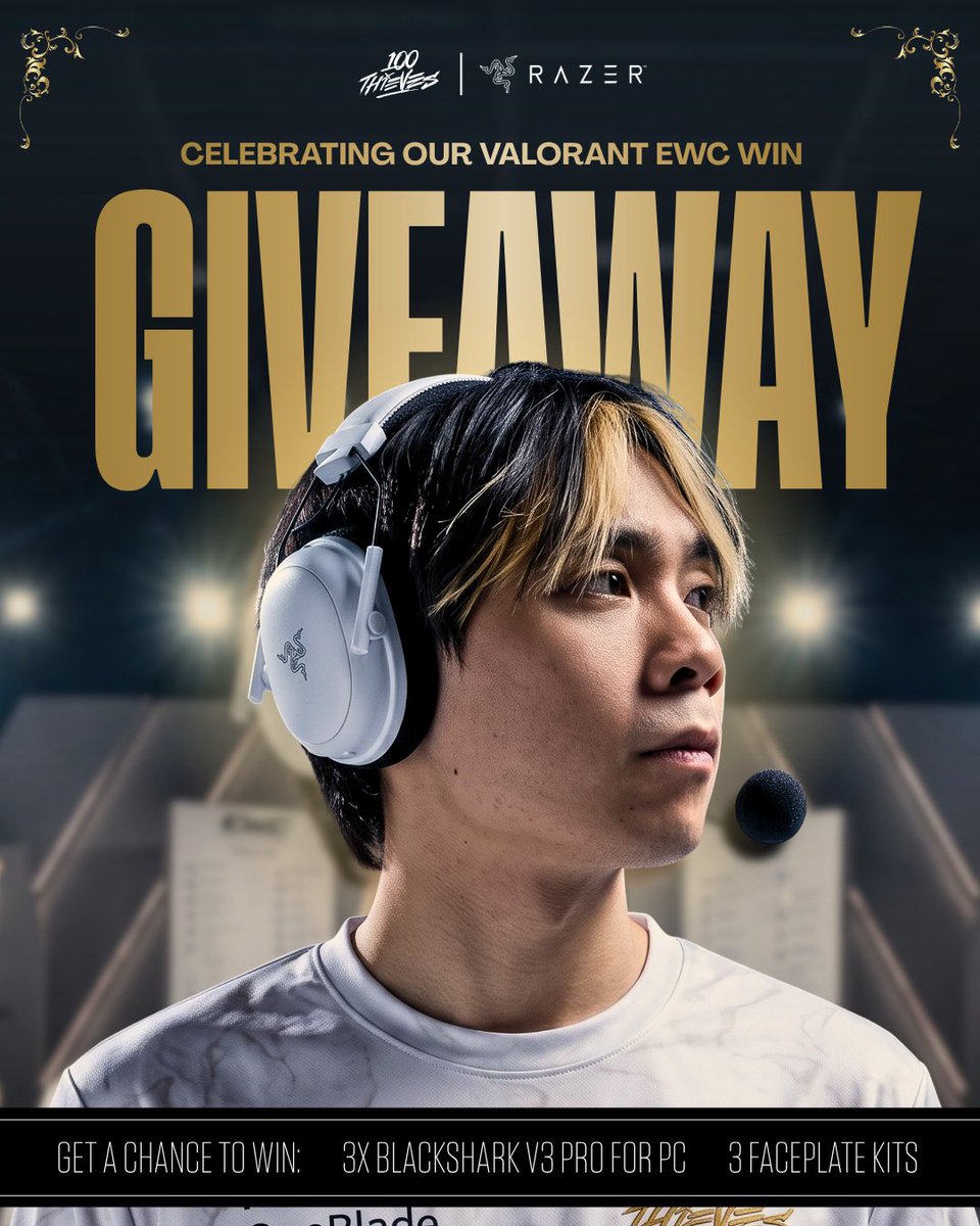 100T_VAL's tweet photo. In celebration of the EWC trophy coming home, we're giving away THREE Razer BlackShark V3 Pros for PC, with exclusive 100T Faceplate Kits 🚨

To enter:
🏆 Like + Repost
🏆 Reply with your favorite player
🏆 Must be following @TeamRazer &amp; @100T_VAL 

Winners will receive a DM. https://t.co/7QCD5qOnNj