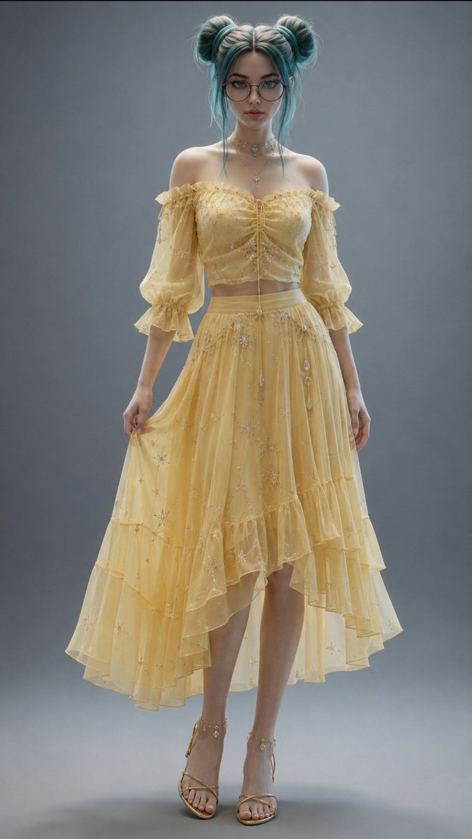 JemiVraxIS's tweet photo. Premium VraxIS Outfit Prompt 021
Upper Body
Elegant off-shoulder blouse in soft butter yellow.
Delicate puff sleeves with subtle ruffled cuffs.
Lightly ruched bodice with fine gold thread embroidery inspired by sunlight and constellations.
Flowing chiffon that catches the light beautifully.
Lower Body
Flowing midi skirt in matching soft yellow with gentle tiered layers.
Subtle gradient from bright yellow at the waist to softer gold at the hem.
Lightweight and breathable with hidden side pockets.
Gentle movement and elegant drape.
Footwear
Strappy gold sandals with delicate ankle straps and small crystal accents.
Accessories
Wide-brimmed sun hat with gold ribbon and small floral details.
Layered delicate gold necklaces with crystal pendants.
Sheer yellow scarf that can be worn as a shawl.
Materials
Lightweight chiffon, soft cotton voile, delicate lace trim, brushed gold hardware, crystal accents.
Colour Palette
Buttery yellow, soft gold, warm cream accents, subtle iridescent highlights.