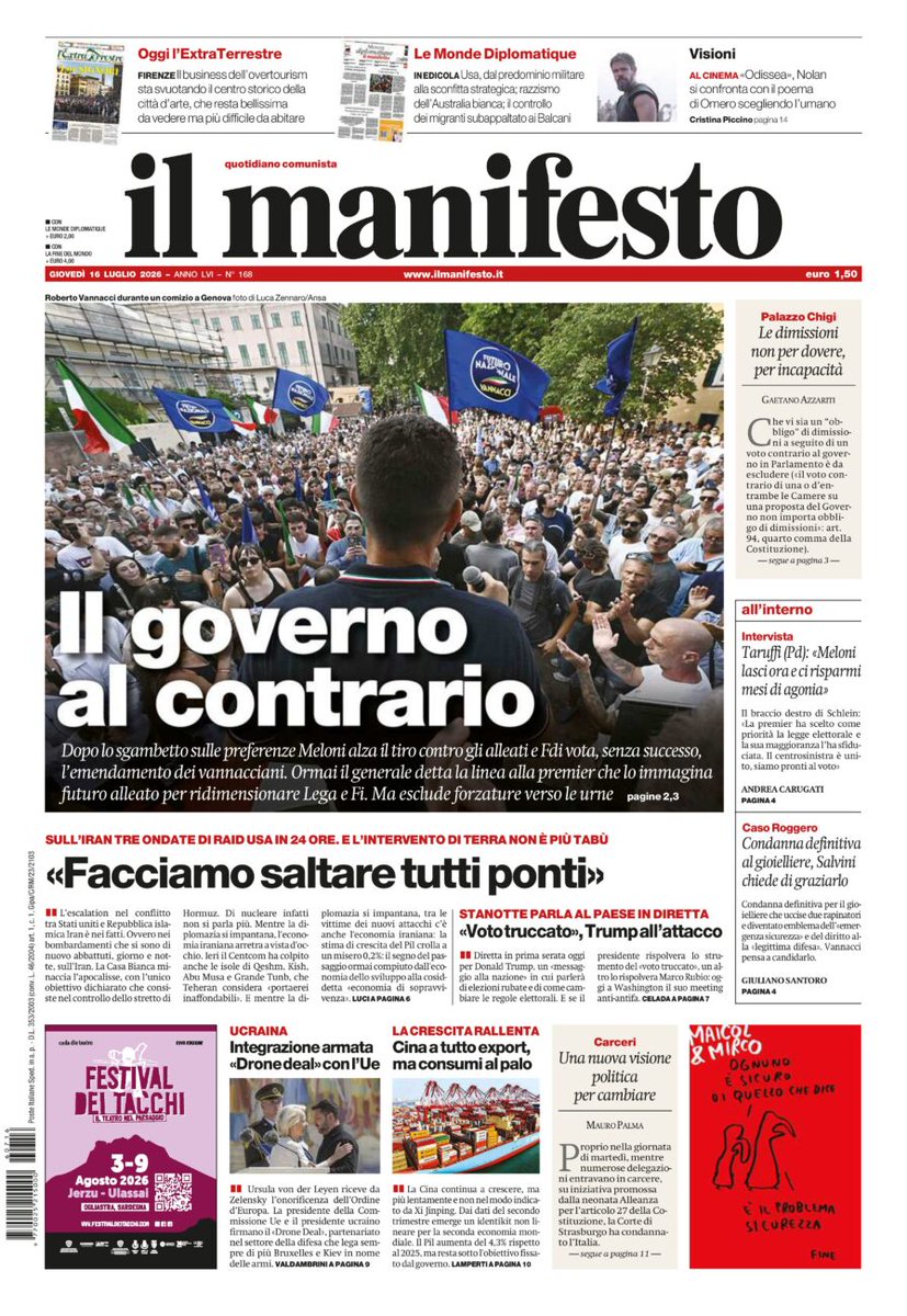 ilmanifesto's tweet photo. Dopo lo sgambetto sulle preferenze Meloni alza il tiro contro gli alleati e Fdi vota, senza successo, l’emendamento dei vannacciani. Ormai il generale detta la linea alla premier che lo immagina futuro alleato per ridimensionare Lega e Fi. Ma esclude forzature verso le urne https://t.co/4tI3atSL8D