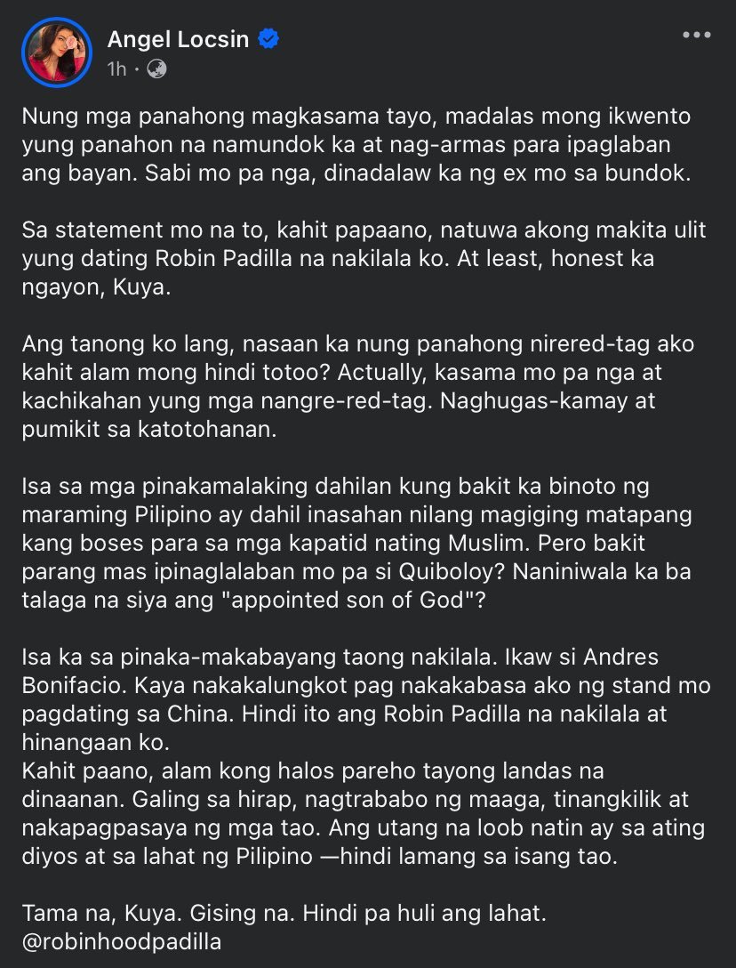 saintgatch's tweet photo. this is why we need more celebrities, especially those with integrity, to call out politicians like robin padilla, sara duterte, and their ilk. huli ni angel ang pulso ng masa, and the reactions to her post are real and organic. kudos to you angel, ehemplo ka ng lahat 👏 https://t.co/RBqQxxXFZw