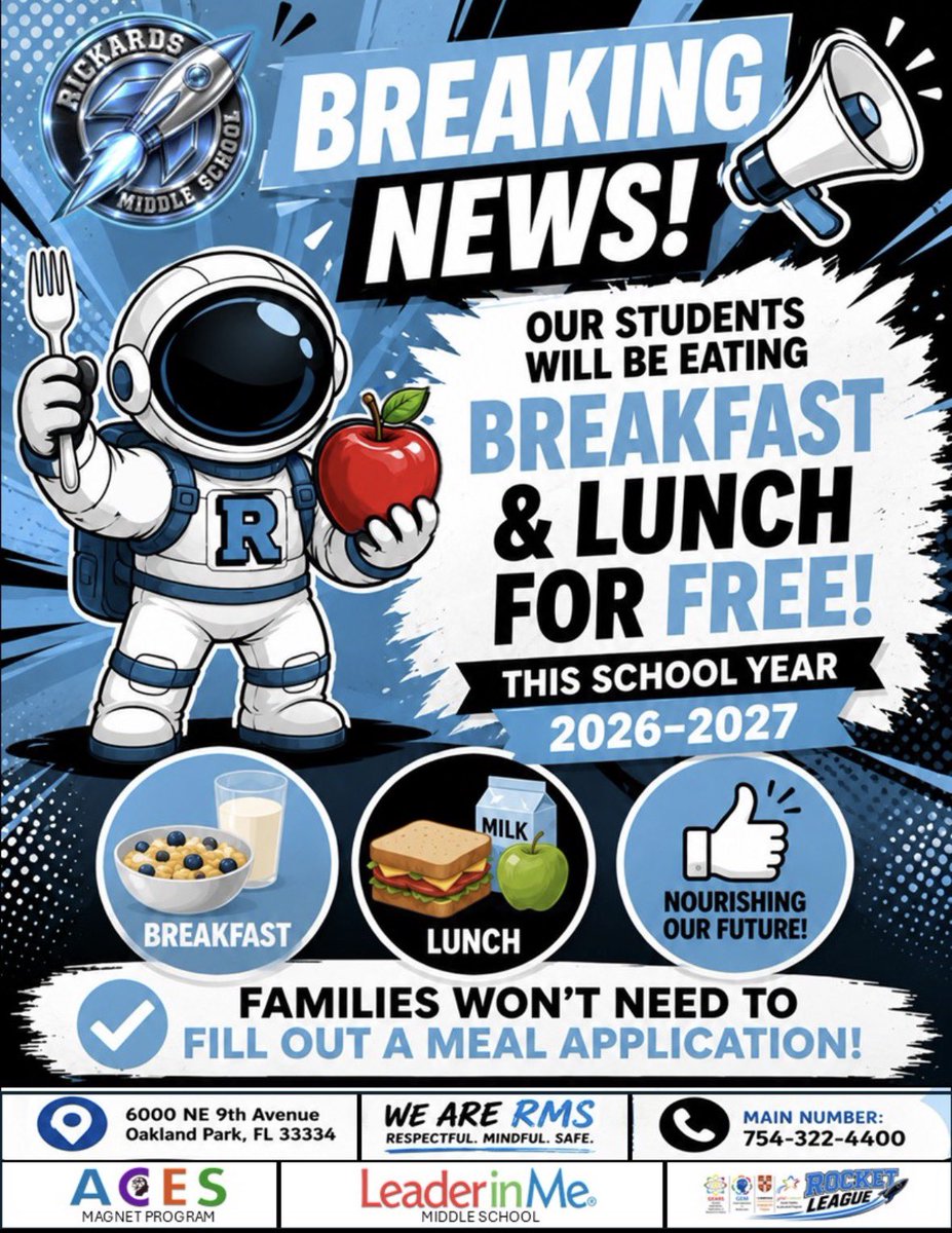 JRickardsMiddle's tweet photo. ๐ Great news, Rockets! ๐
Free breakfast and lunch will be available for all students during the 2026โ2027 school year! ๐๐ฅชWe're excited to help ensure every student starts the day fueled for success. Here's to a fantastic school year ahead! โค๏ธ๐ #Rocketpride #BackToSchool https://t.co/u4xhLUsc83