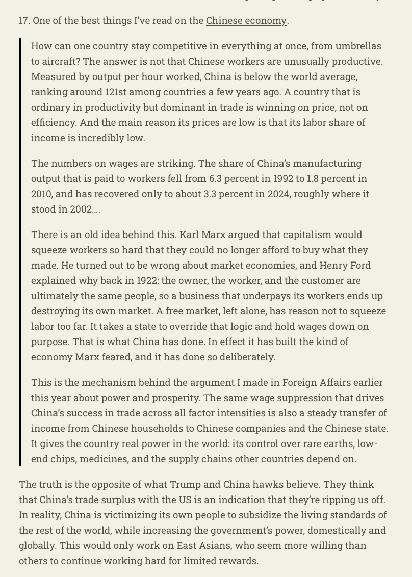 RichardHanania's tweet photo. The truth about Chinese industrial policy is opposite of what anti-China types argue.

China is lowering its own living standards on our behalf. The government keeps their own people poorer to subsidize the rest of the world. 

This isn't something we should emulate! https://t.co/NcNBssFbfq