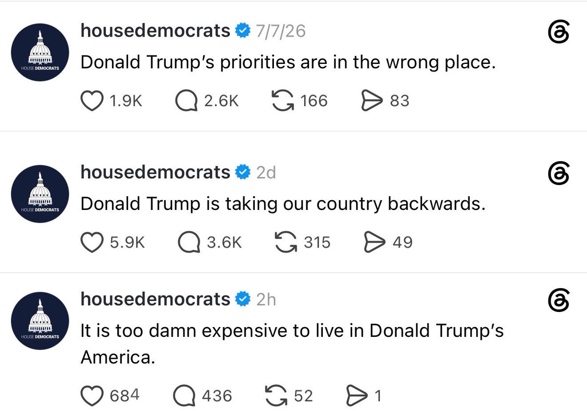 yashar's tweet photo. President Trump is using the full force of the United States government to punish, intimidate, and crush his political enemies. 

Meanwhile, the official House Democrats account is going with this messaging. https://t.co/i6JALR6mEc