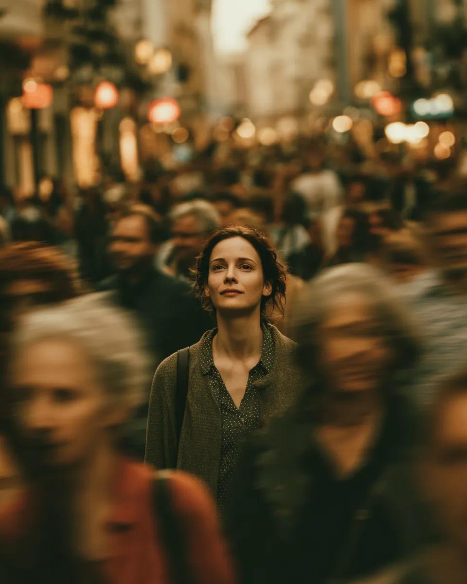 AI 生图提示词:A woman walking calmly in the middle of a bustling crowd, with everyone else in