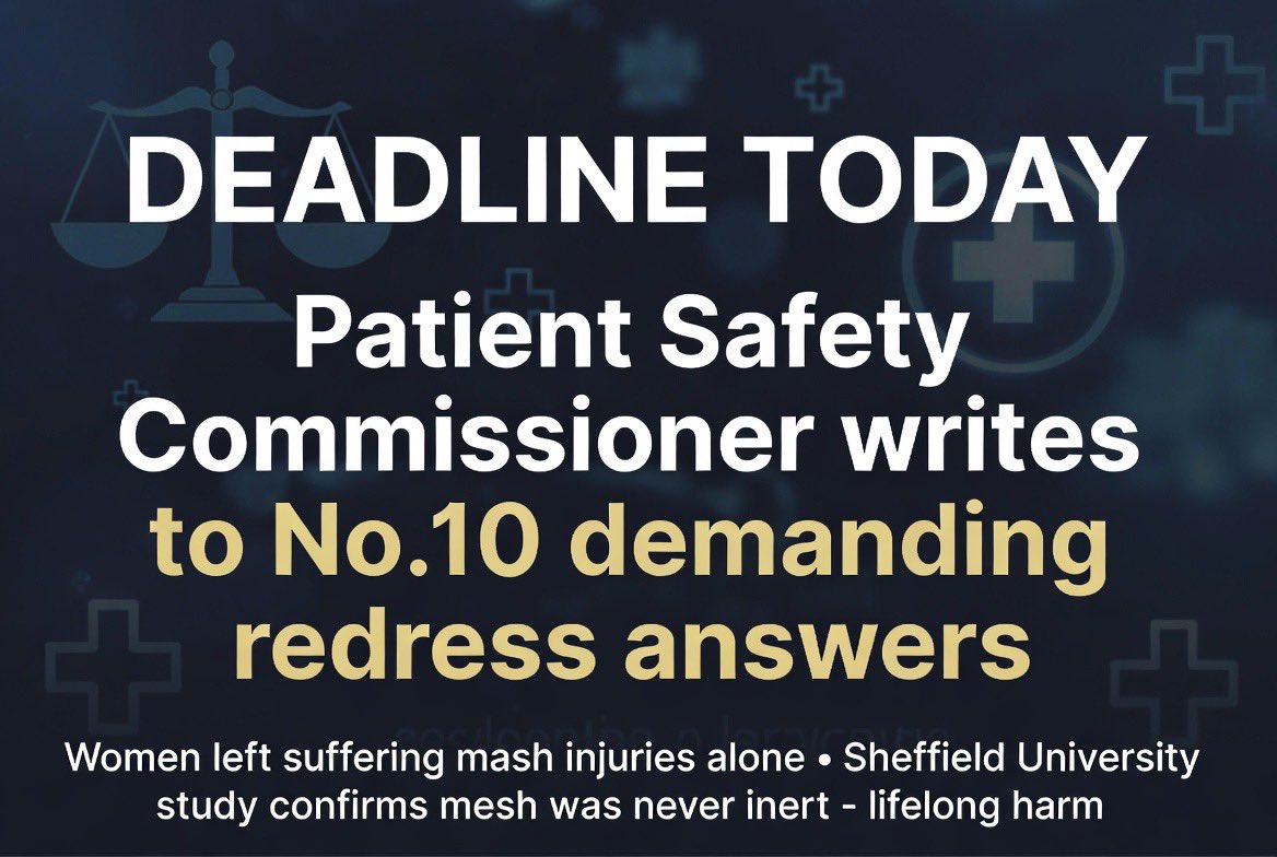 SusanMorgan19's tweet photo. 🚨 DEADLINE TODAY: The Patient Safety Commissioner has used her statutory powers to write to No.10 demanding answers on redress for mesh victims.
Women have been left to suffer their mesh injuries and fight adversarial systems alone for years.
Emerging new evidence confirms they’ll be ill for life — the mesh was never inert, as shown in the Sheffield University study.
Government must act now.
#RedressNow #MeshInjured #PatientSafety