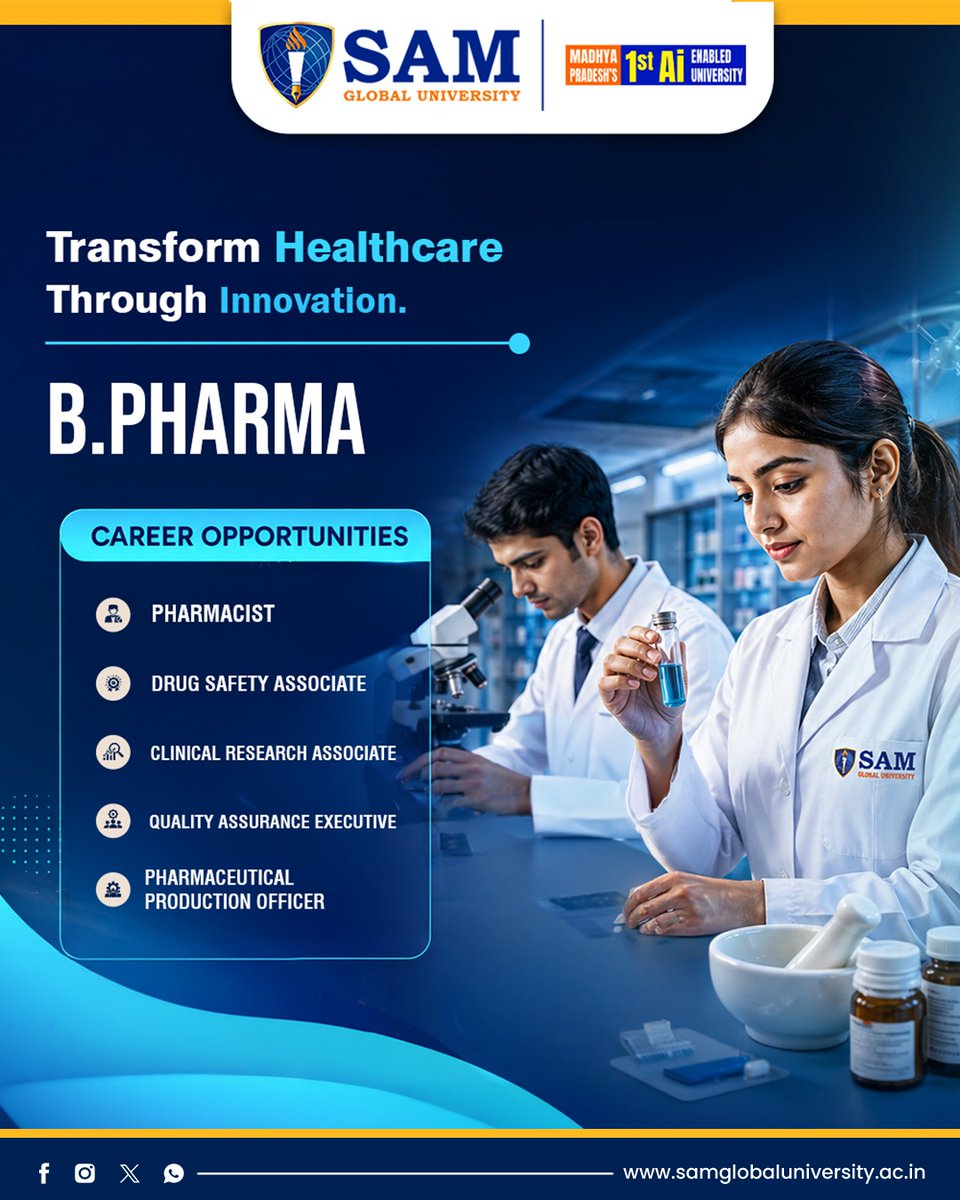 samglobalunibpl's tweet photo. Turn your passion for healthcare into a rewarding career.
Start your B.Pharma journey at SAM Global University and shape the future of medicine.
#SAMGlobalUniversity #BPharma #Pharmacy #HealthcareCareers #FuturePharmacist https://t.co/lc4smuGJ79