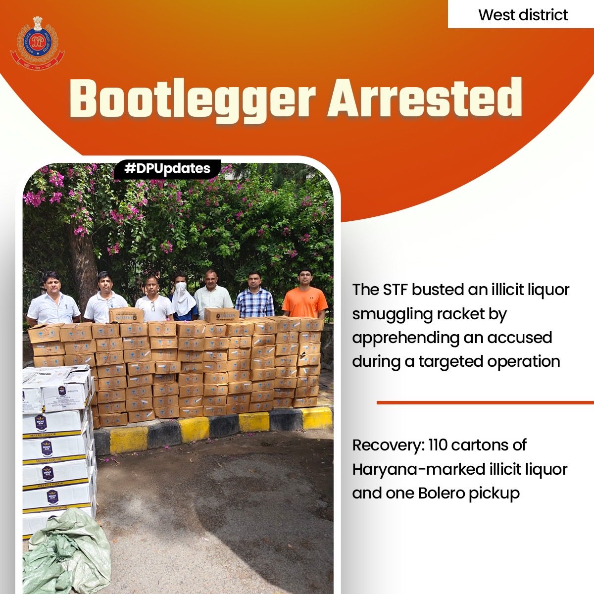 DCPWestDelhi's tweet photo. STF Cracks Down on Illicit Liquor Smuggling!
A bootlegger was arrested during a targeted operation by West District STF. Recovery includes 110 cartons of Haryana-marked illicit liquor and one White Bolero Pickup
#DPUpdates
#HelloDelhiPolice
#HelloPoliceStation https://t.co/Wl2zkBltyO