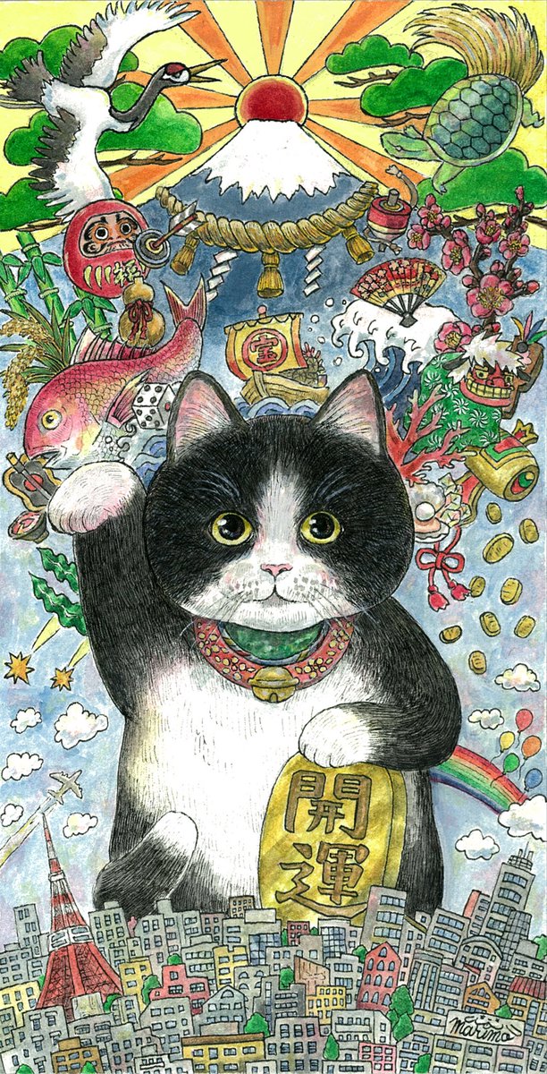 hitsuji_maruko's tweet photo. 「百福招猫」（ミケネコ、ハチワレ、サバトラ）
229mm×117mm
ウォーターフォード水彩紙にペン、透明水彩

2021年制作「新春万福」をもとに新たに制作。
今後いろんな猫さんで増えていくかも？
お気に入りの猫さんが皆様の元へたくさんの幸せを運んでくれますように🌟 https://t.co/KAy5f64dxt