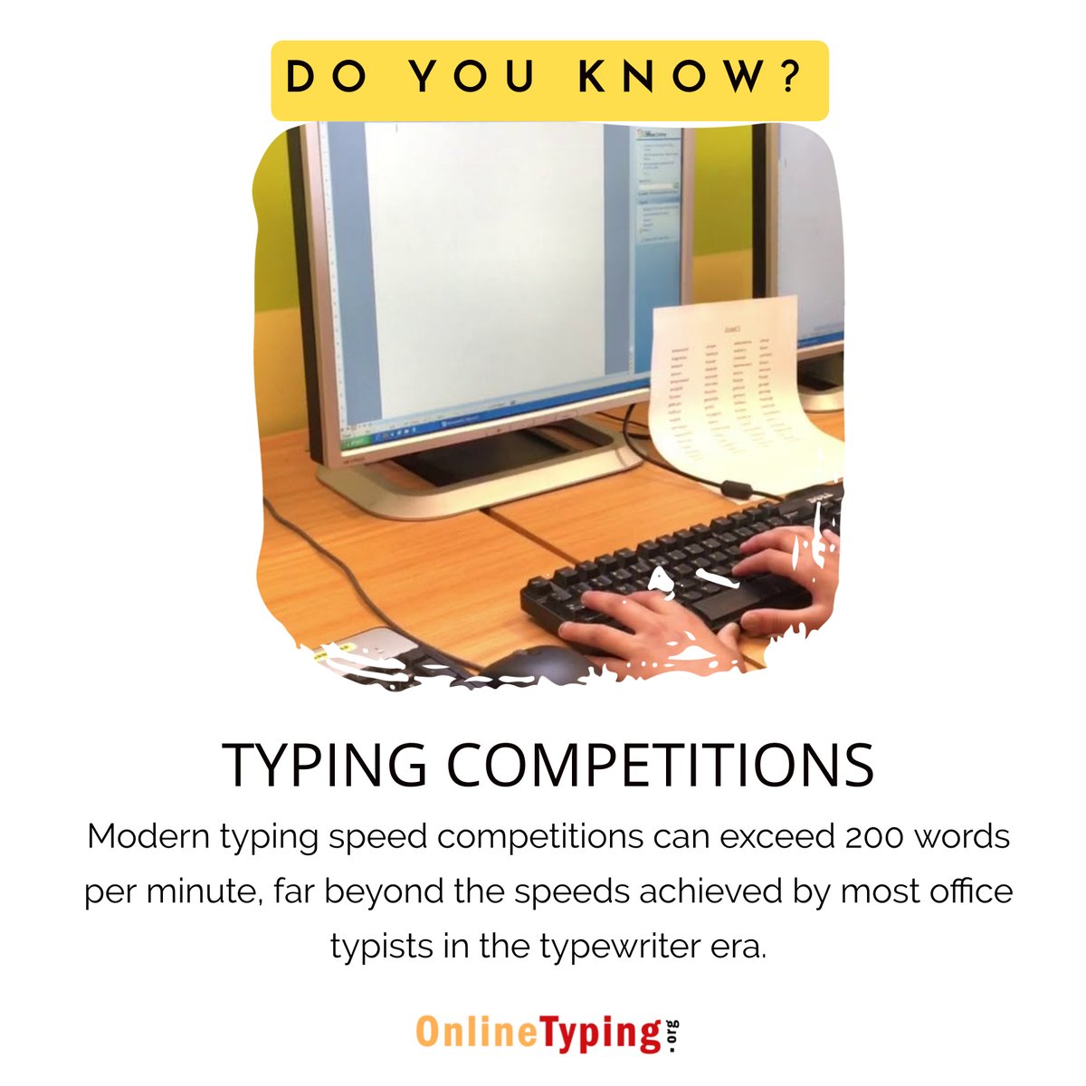 AnythingType's tweet photo. Modern typing speed competitions can exceed 200 words per minute, far beyond the speeds achieved by most office typists in the typewriter era.
To learn touch typing visit: https://t.co/I6pYvLlThx
#competitions #typingcompetitions #typing #keyboard #OnlineTyping #touchtyping https://t.co/gYSuWgk3rw
