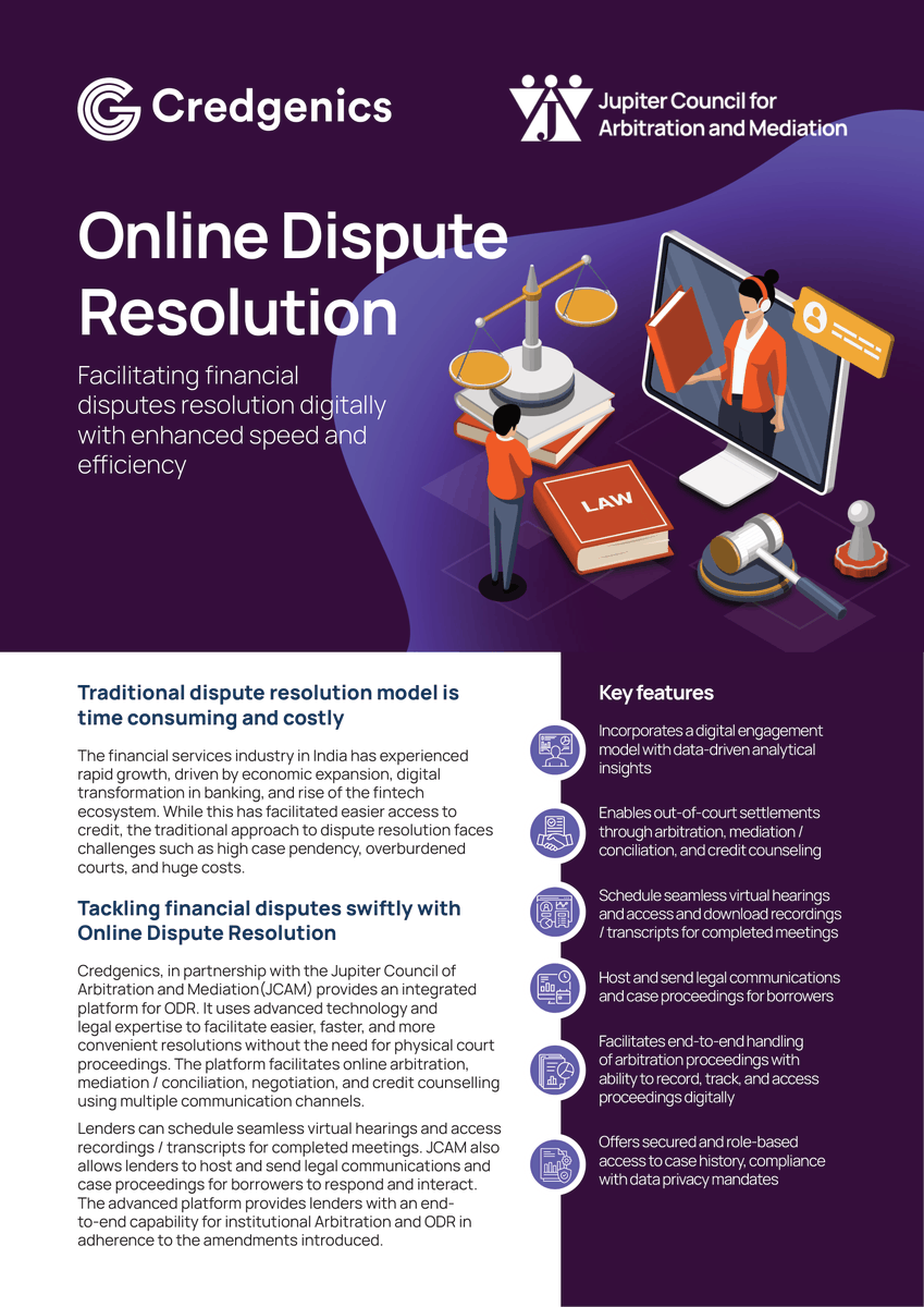 credgenics's tweet photo. Discover how Credgenics, in partnership with Jupiter Council Arbitration and Mediation (JCAM), enables lenders to leverage Online Dispute Resolution (ODR) through a seamless, technology-led experience.

📌 To know more, visit: https://t.co/XSmpE0xiHA

#ADR #ODR #debtrecovery https://t.co/Z6MLmW3RcH